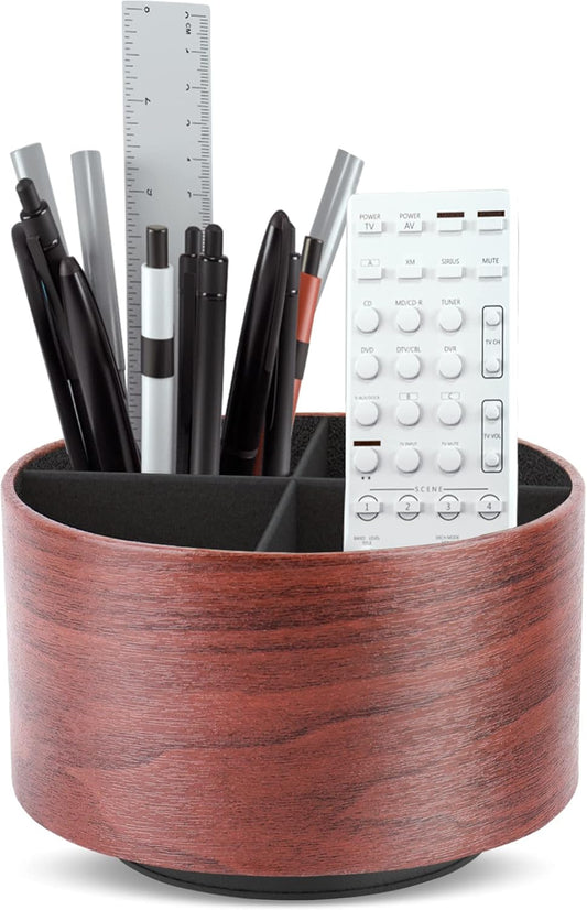 Hennaja Round Leather Art Supply Organizer,Remote Control Holder,360 Degree Spinning,Multi-Functional Pencil Holder,4 Compartments Desktop Stationary Organizer(1-Light Brown2)
