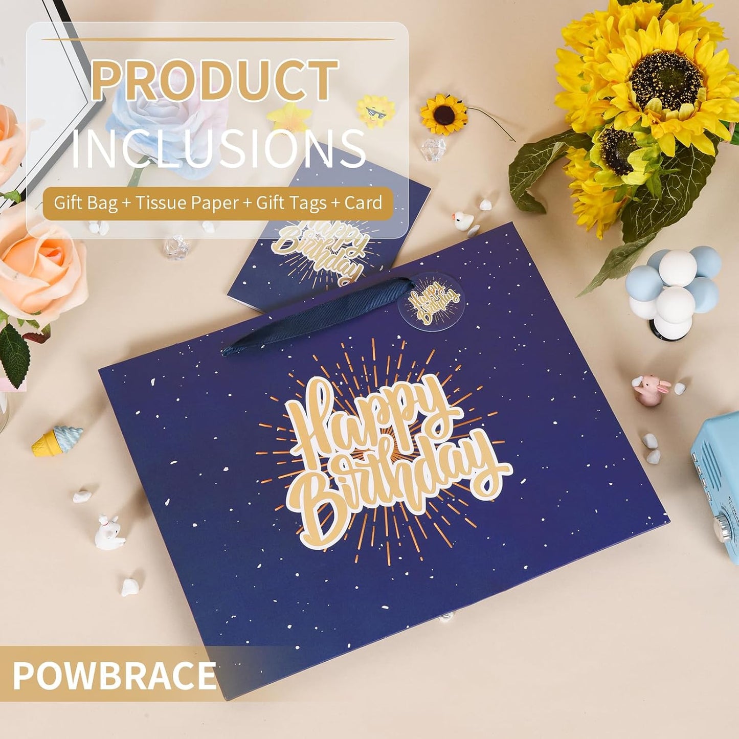 13" Blue Happy Birthday Gift Bag with Tissue Paper and Greeting Card for Party,Happy Birthday Gift Bag for Men Women, Gift Bags Medium size(2 PCS Blue)