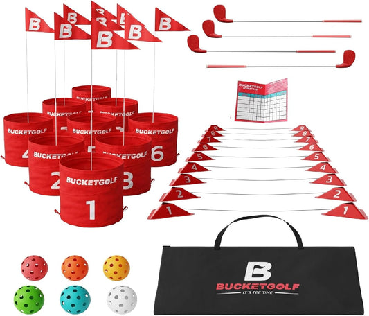 bucketgolf 9 Hole Bundle with Clubs - Outdoor Golf Game for All Ages, Adults, Kids, Family. Play Golf Anywhere, Yards, Beach, Park, Backyard. (4 Clubs (3 RH + 1 LH))