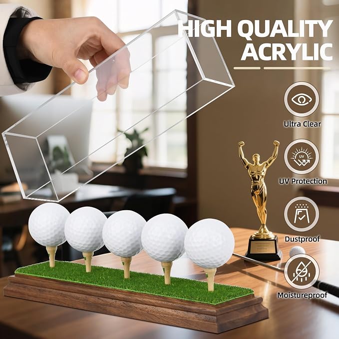 Golf Ball Display Case for 5 Golf Balls Holder Display Walnut Wood Base Acrylic - Image 3