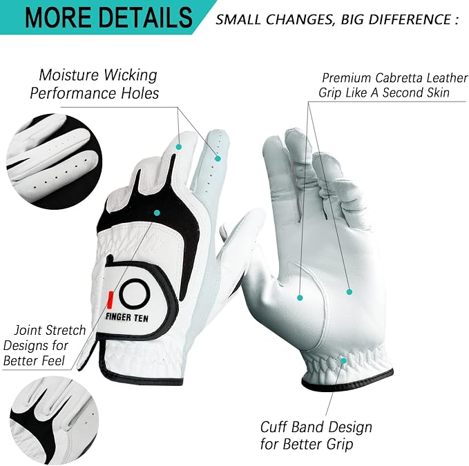 FINGER TEN Premium Cabretta Leather Golf Gloves Men 3 Pack - Image 3
