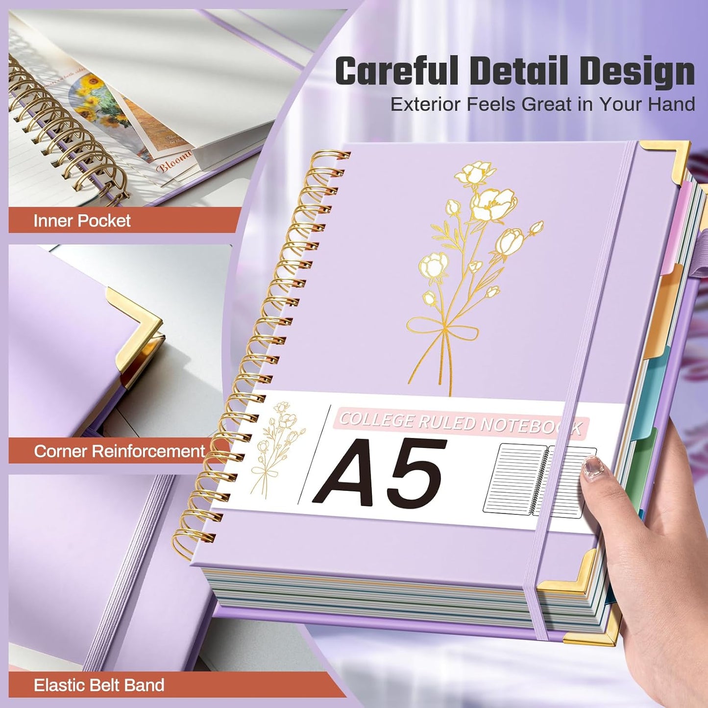Hardcover Spiral Notebooks 6.1" X 8.4" Note Taking 5 Subject Notebook College Ruled with Dividers 240 Pages 100GSM Aesthetic Spiral Notebook for Work School Cute Journals for Women Writing, Purple