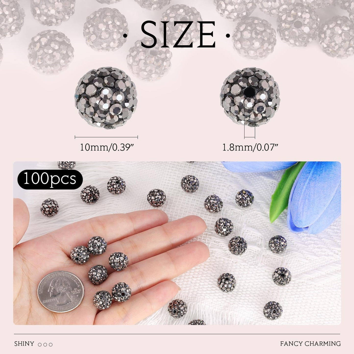 100 pcs 10mm Rhinestone Beads for Jewelry Making, Hematite Shiny Round Shamballa Disco Beads Bulk, Sparkle Crystal Clay Christmas for Bracelet Baseball Necklace Earring Crafting and DIY