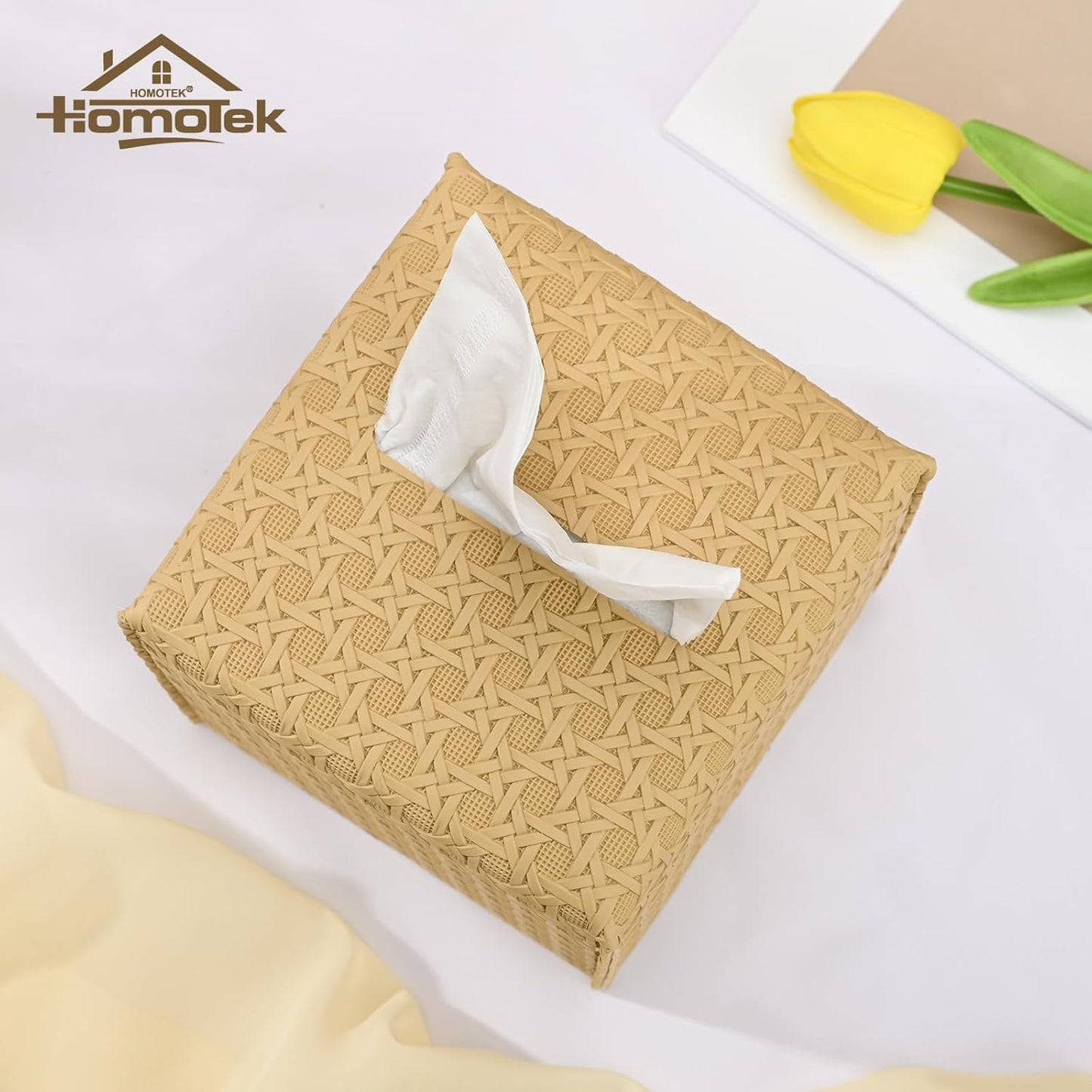 HOMOTEK 2 Pack Tissue Box Cover, Square PU Leather Tissue Holder, Decorative Facial Tissue Cube Paper Organizer Dispenser for Bathroom, Night Stands, Desk, Car 5X5X5'' - Rattan Weave,Camel