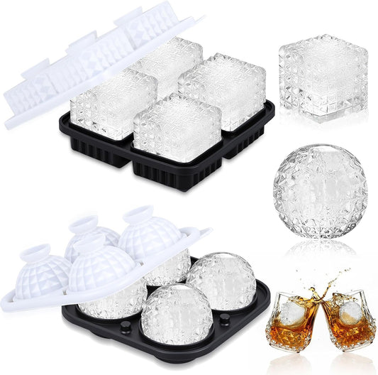 Hoolerry 2 Pcs Silicone Ice Cube Tray Large Square Sphere Golf Ice Tray 4 Hole Fun Shapes Big Ices Cube Mold with Funnel for Whiskey Cocktails Bourbon Chilling White Elephant Gifting(Round,Square)