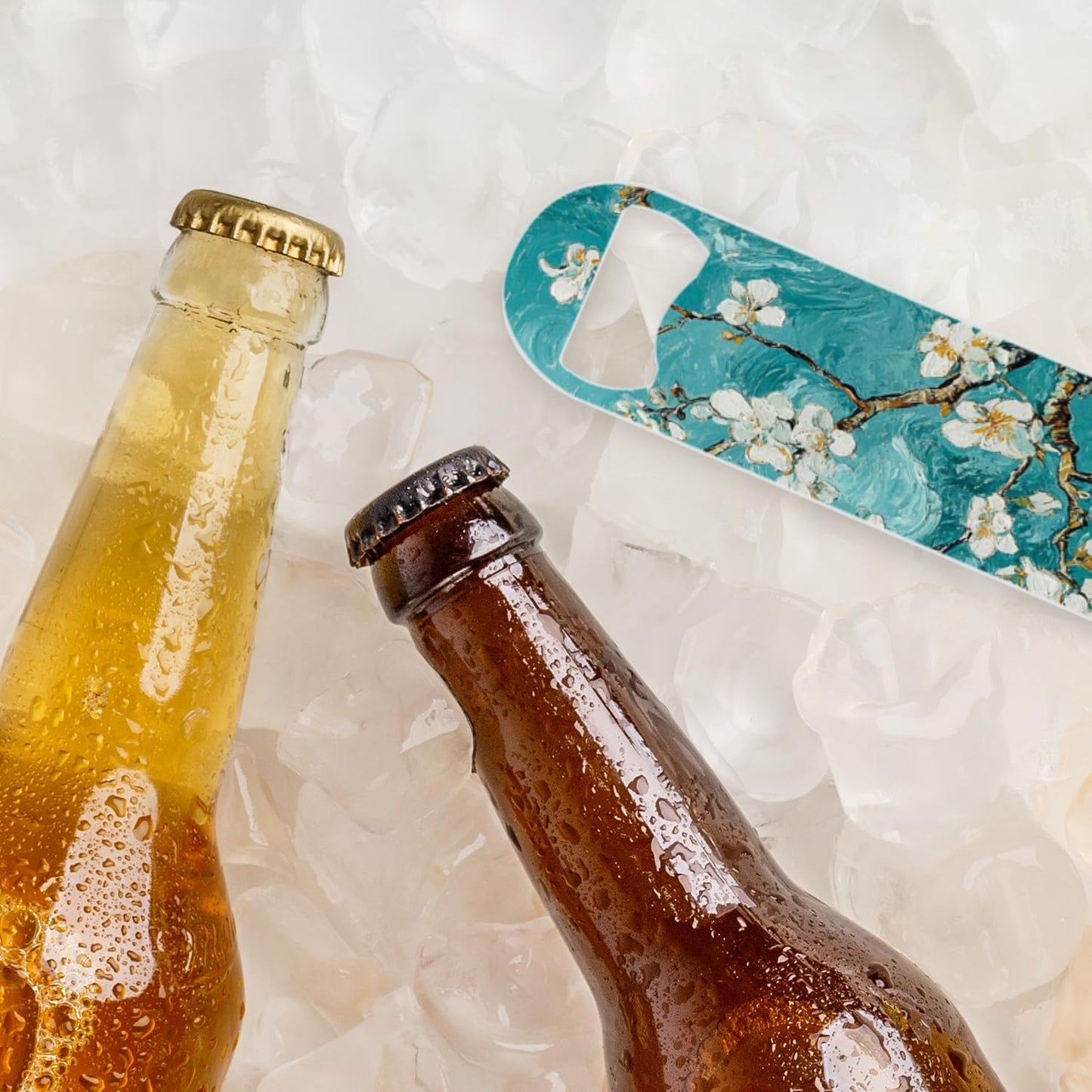 2 PACK Beer Bottle Opener, Stainless Steel Flat Bottle Openers,7 inch Metal Decor,Teal Green Almond Flowers