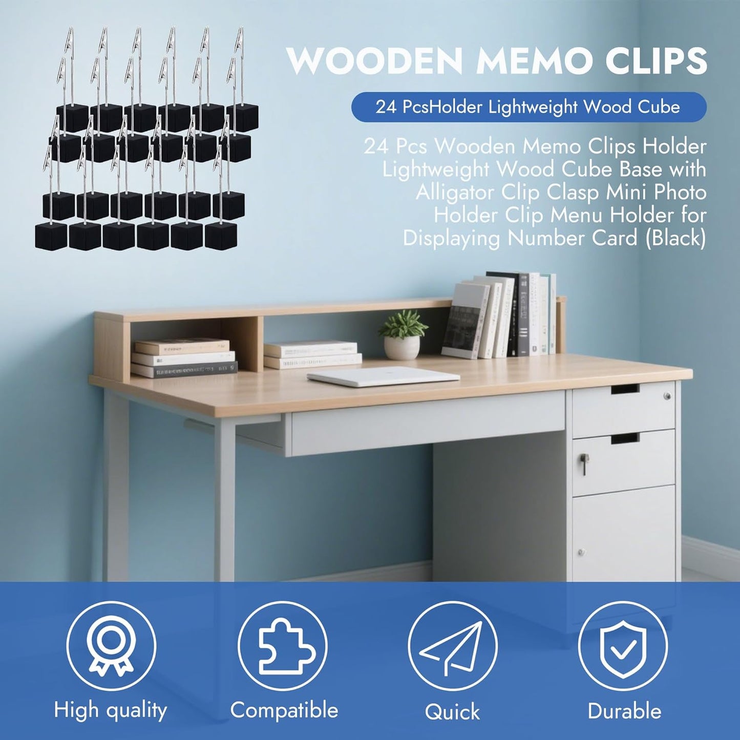 24PCS Wooden Cube Memo Holders with Alligator Clips Table Number Stands, Mini Photo and Card Display Clips for Wedding, Event, Office Desk Use (Black)