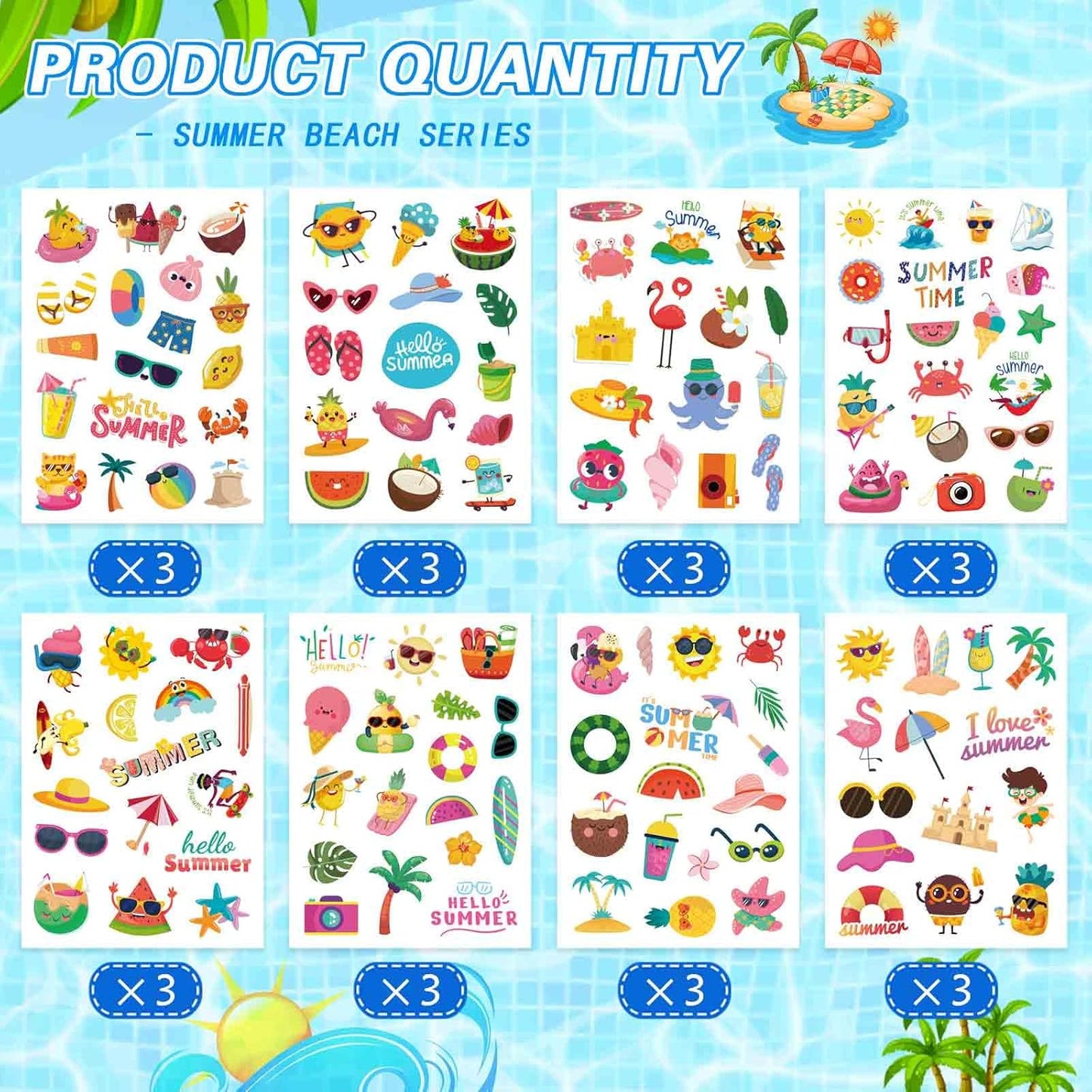 24 Sheets Summer Stickers Pool Beach Luau Hawaii Sticker Sea Beach Sun Stickers Hawaii Tropical Party Decoration Sticker Summer Holiday Party Favors