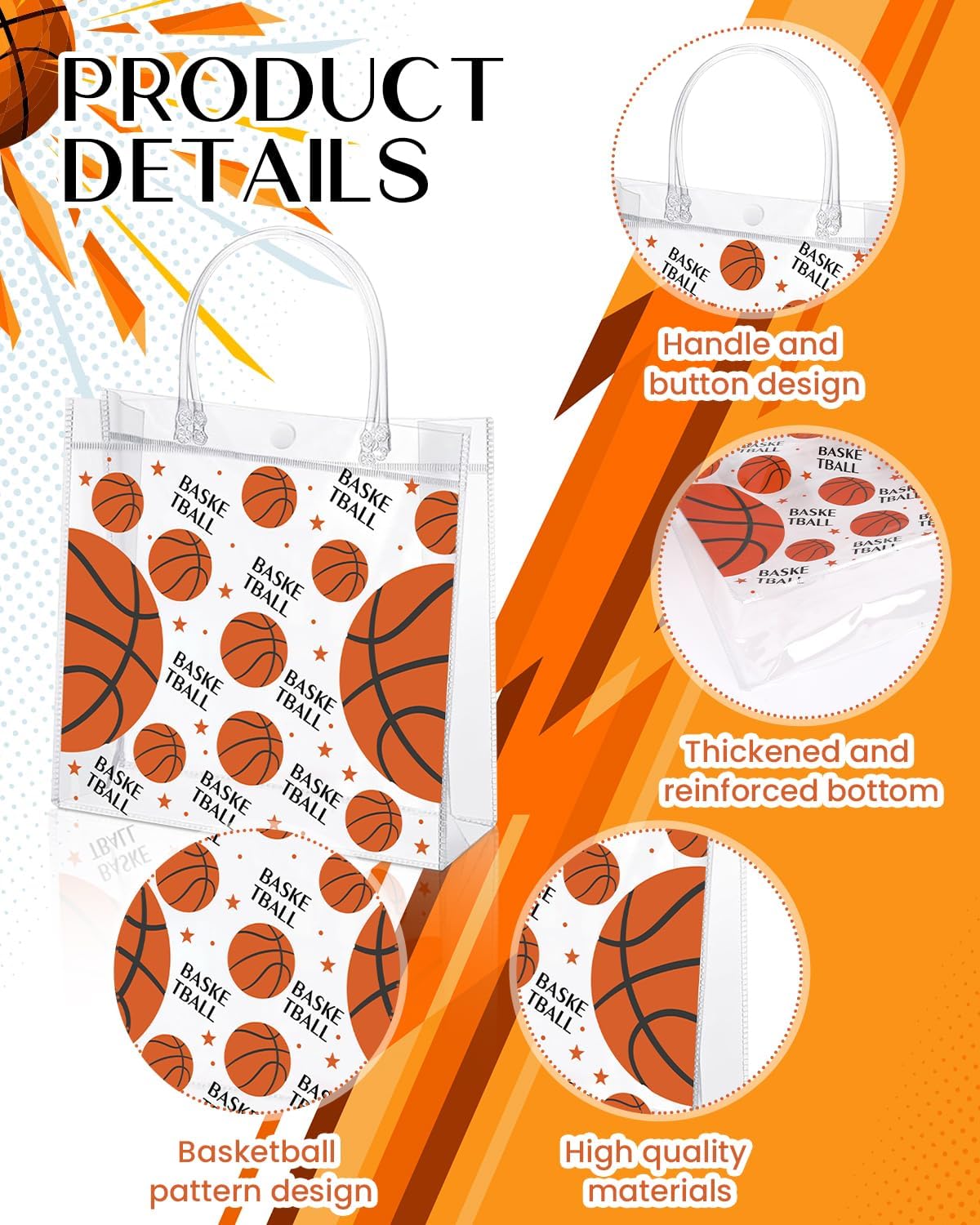 24 Pieces Clear Basketball Gift Bag with Handles Transparent PVC Basketball Goodie Bags 8 x 8 x 3.2Inch Sport Theme Party Favor Bag for Birthday Holiday Sports Team