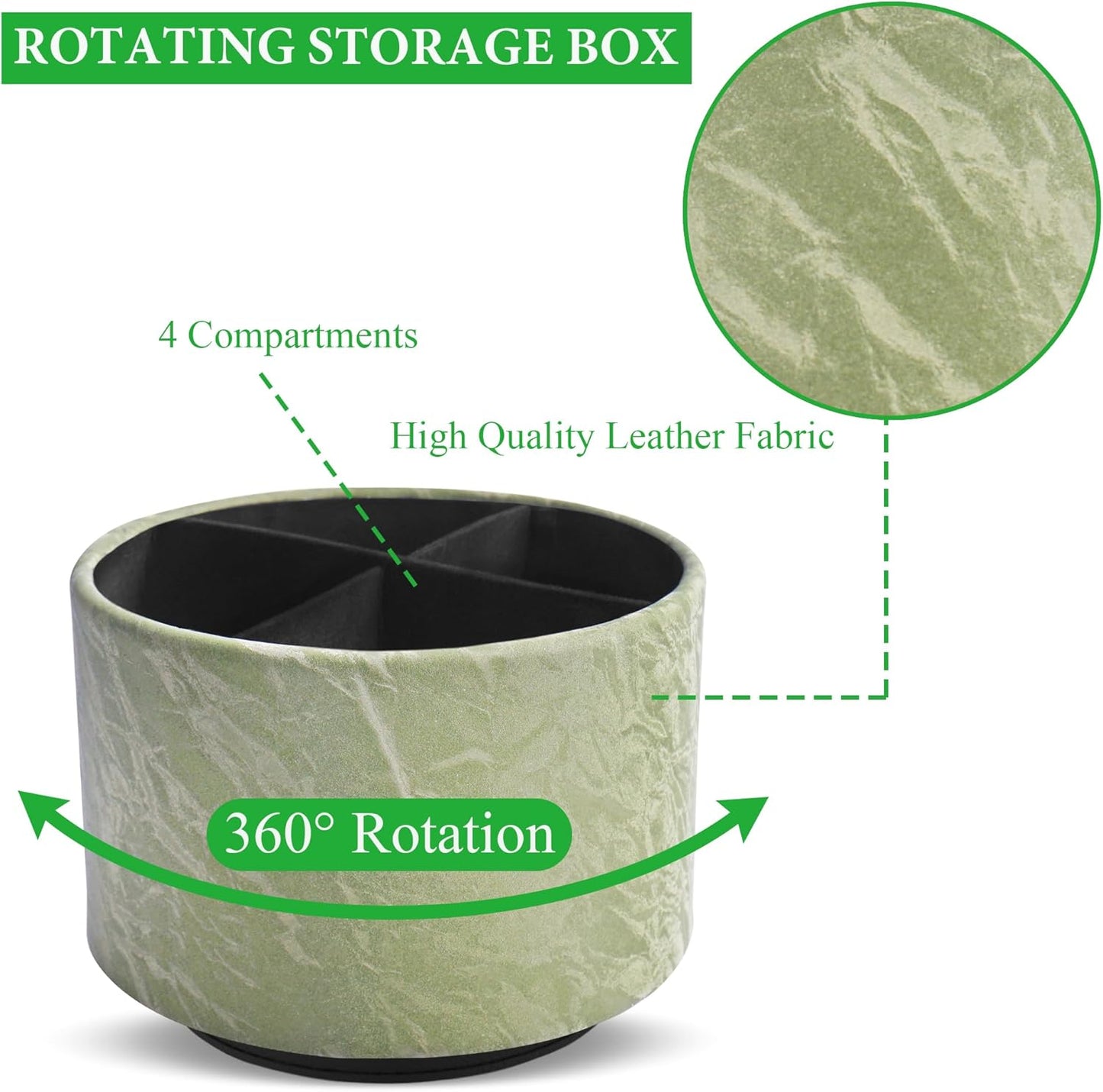 Hennaja Round Leather Art Supply Organizer,Remote Control Holder,360 Degree Spinning,Multi-Functional Pencil Holder,4 Compartments Desktop Stationary Organizer(1-Hill Green)