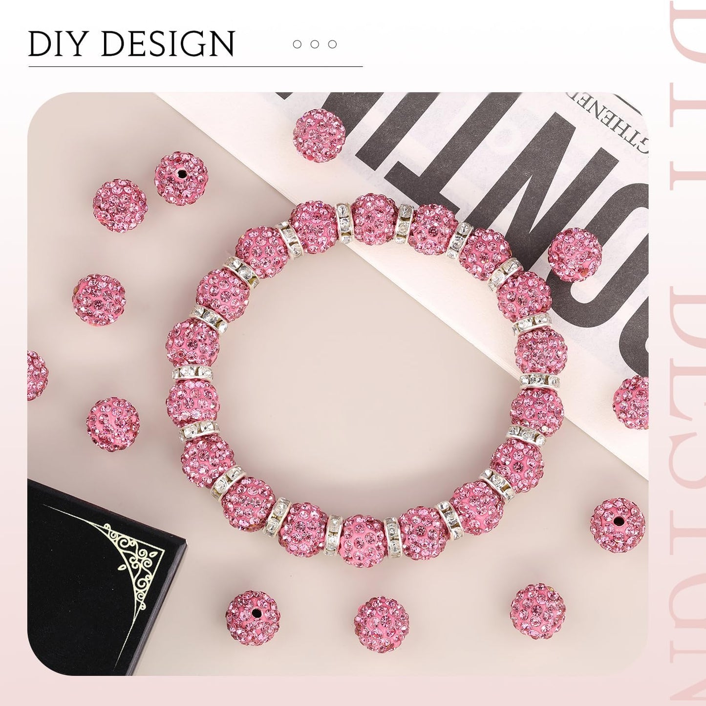 150pcs 10mm Rhinestone Beads for Jewelry Making, Dark Pink Shiny Round Shamballa Disco Ball Beads Bulk, Sparkle Crystal Clay Christmas for Bracelet Baseball Necklace Earring Crafting and DIY