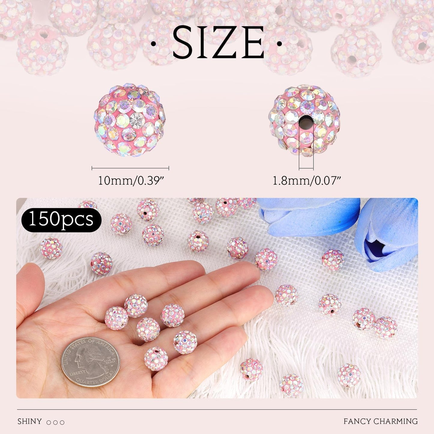 150pcs 10mm Rhinestone Beads for Jewelry Making, Pink AB Shiny Round Shamballa Disco Beads Bulk, Sparkle Crystal Clay Christmas for Bracelet Baseball Necklace Earring Crafting and DIY