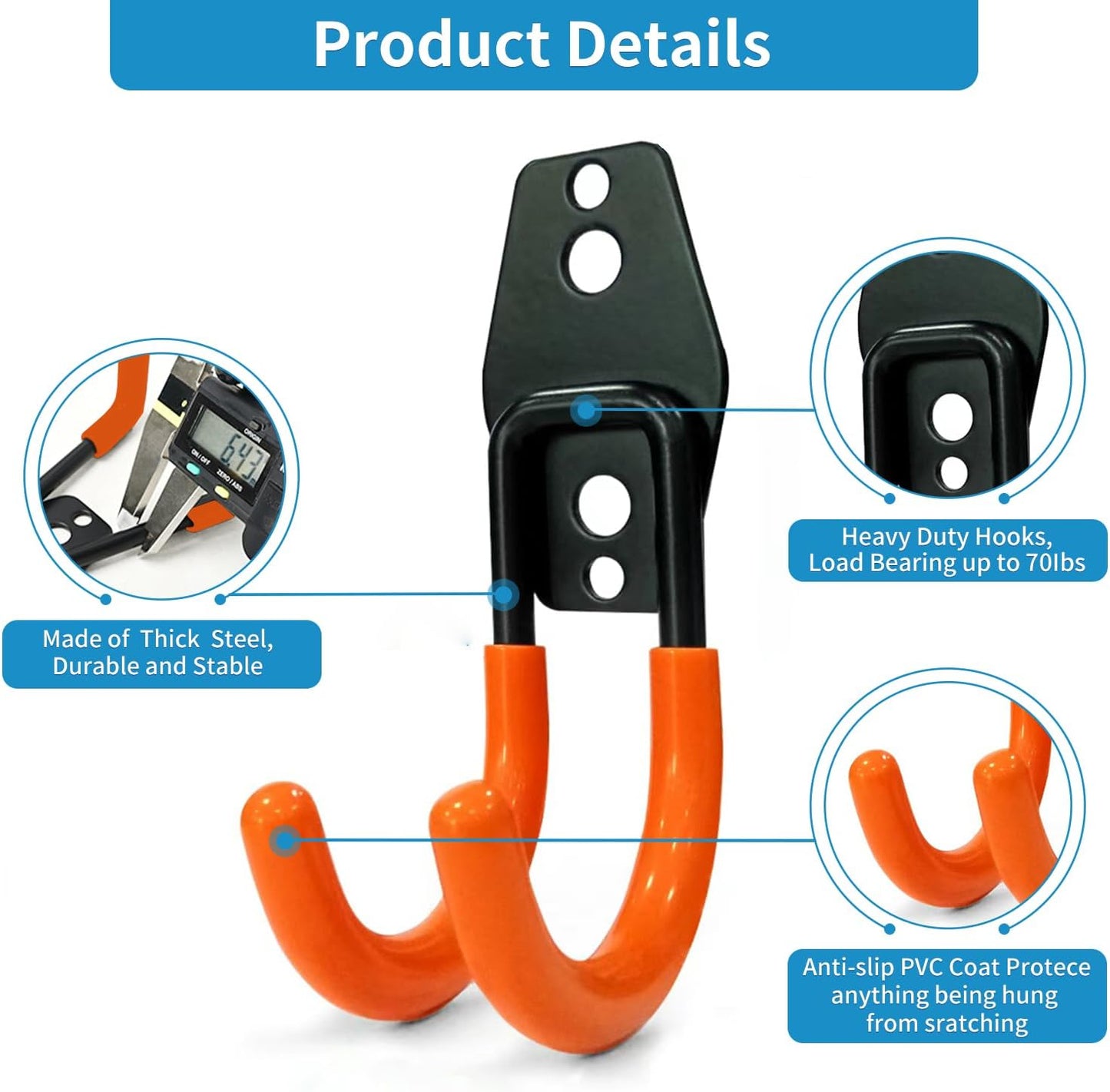 2 Pack Garage Storage Utility Hooks，Garage Garden Tool Organizer，Steel Wall Mount Hooks, Garden Small U Hooks (Black) (Type O-Orange)