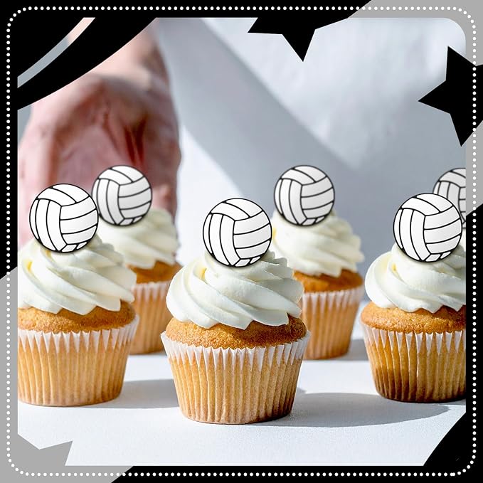 Honeydak 48 Pcs Black Volleyball Cupcake Rings Toppers Decoration Sport Ball - Image 4