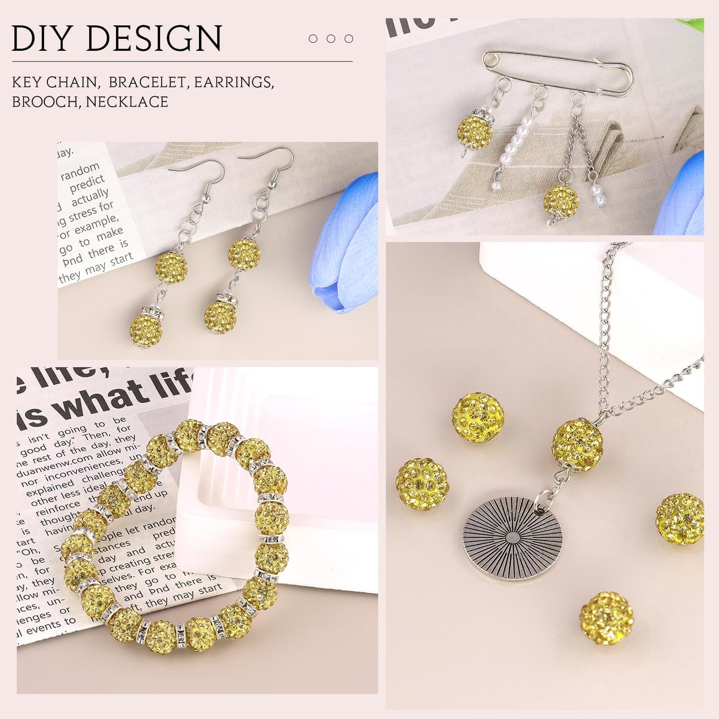 200pcs 10mm Light Yellow Rhinestone Beads for Jewelry Making, Shiny Round Shamballa Disco Ball Beads, Sparkle Crystal Clay Christmas for Bracelet Baseball Necklace Earring Crafting and DIY