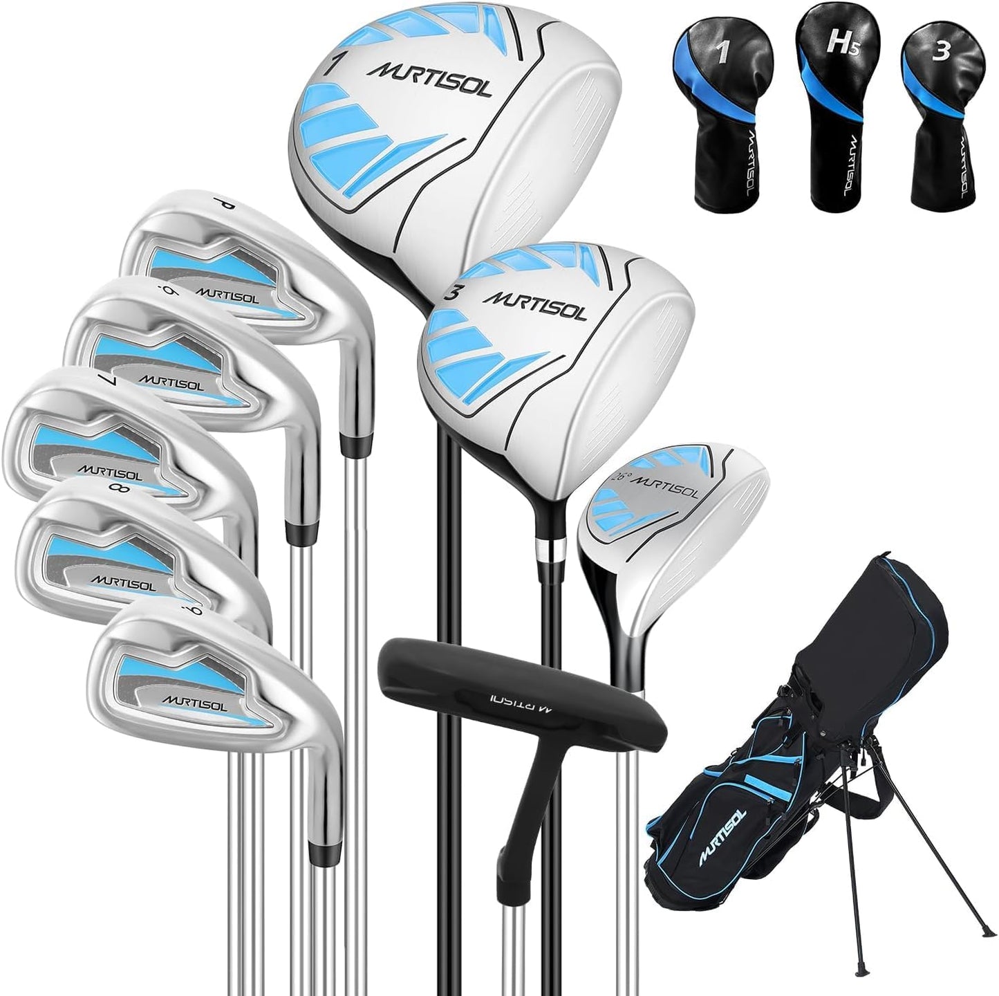 10 Pieces Golf Clubs Full Set Mens Right Hand,Golf Set Includes Stand Bag with Rain Hood, 1#Driver 3#Wood #5 Hybrid,with 3 Head Covers, 6# 7# 8# 9# PW# Irons and Putter
