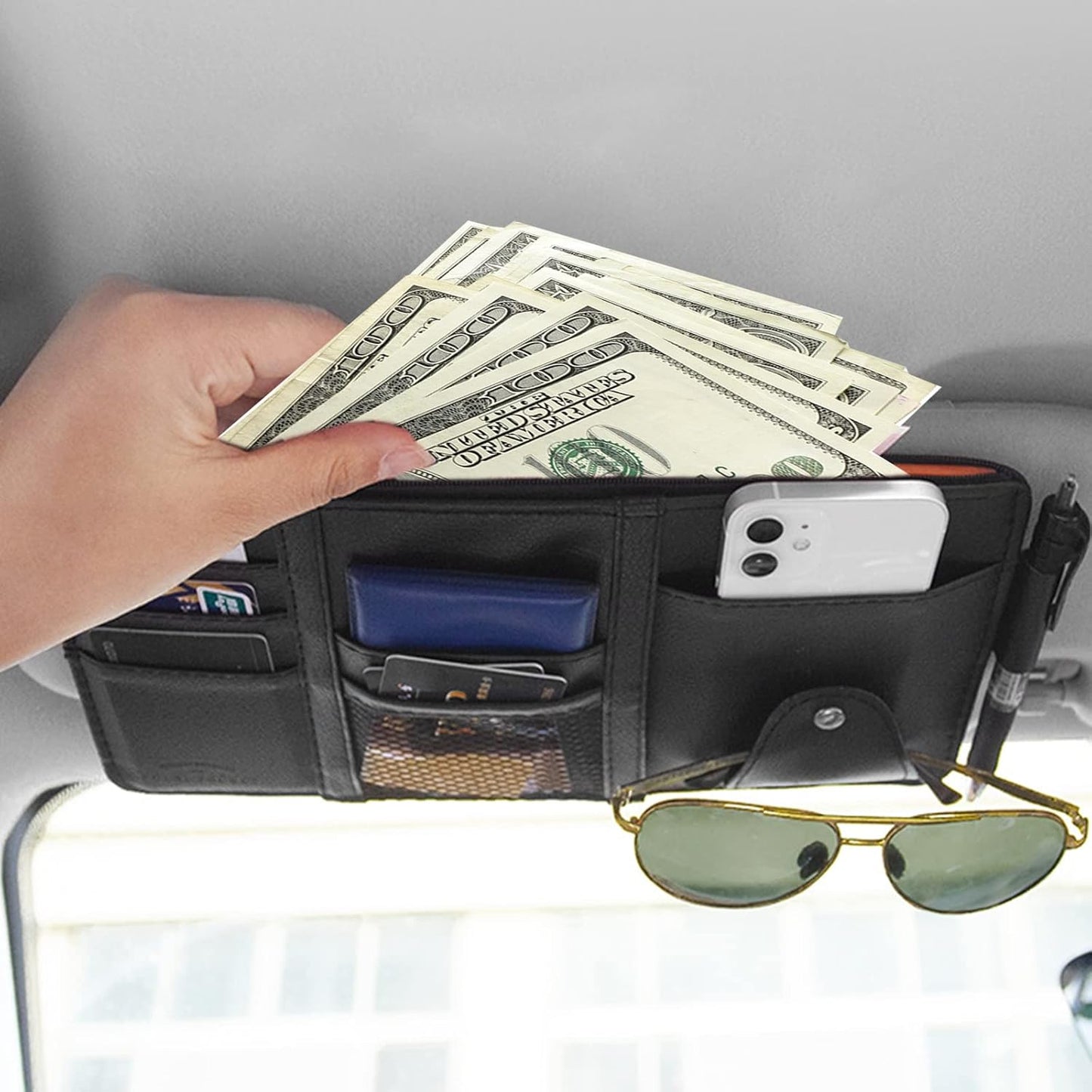 2 Packs Car Sun Visor Pocket Organizer, Black, Auto Visor Storage Pouch with Big Zipper Pocket, Card Sleeve, Driving License, Insurance, Sunglasses, Pen, Key, Phone, Lipstick