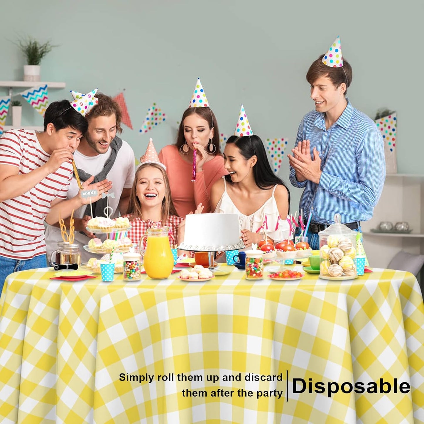 12 Pack Yellow and White Checkered Tablecloth, Round Yellow Gingham Plastic Table Cloths for Parties Disposable, 84x84 in Waterproof Camping Tablecloth for Birthday Party Baby Shower Picnic School