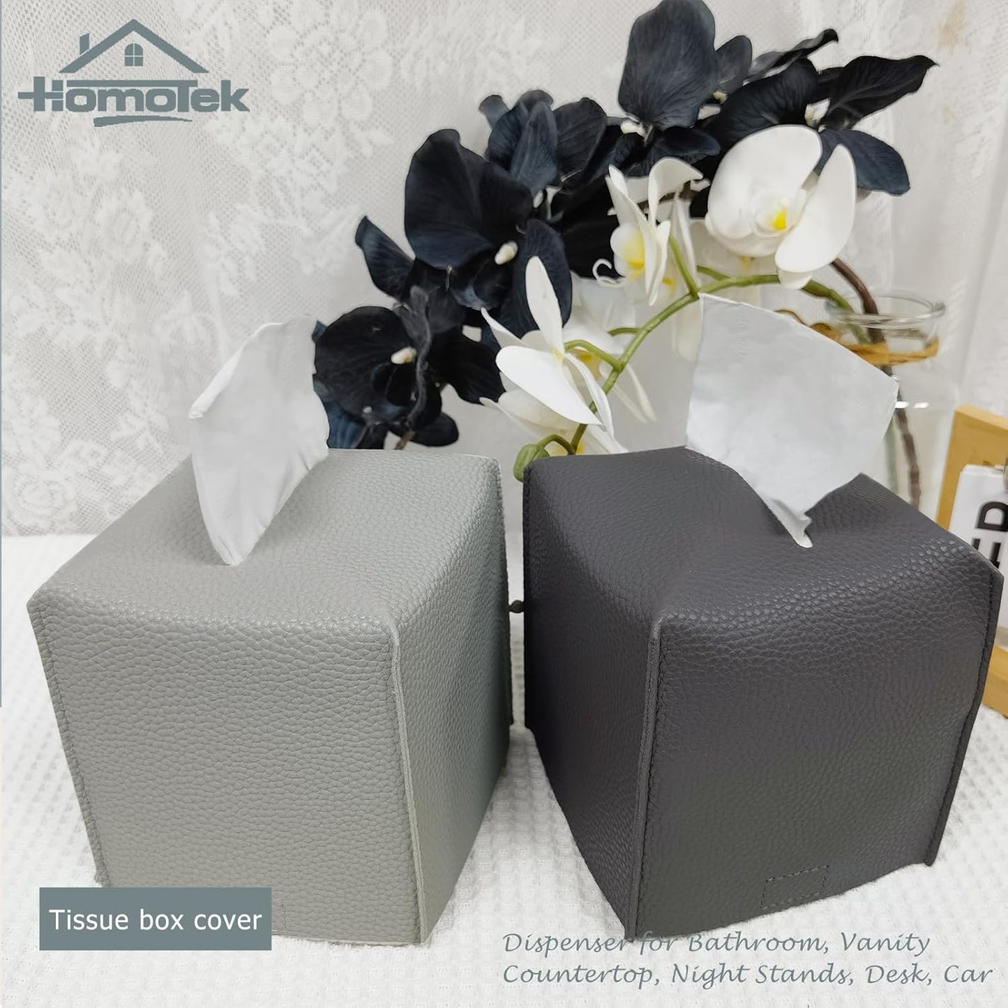 HOMOTEK 2 Pack Tissue Box Cover, Square PU Leather Tissue Holder, Decorative Facial Tissue Cube Paper Organizer Dispenser for Bathroom, Night Stands, Desk, Car 5X5X5'' - Light Gray, Pebble Grain