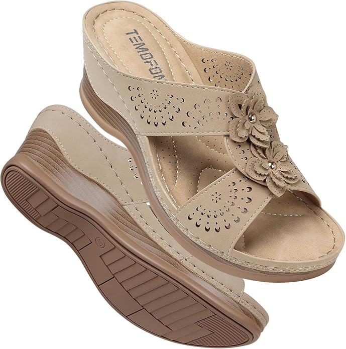 TEMOFON Womens Wedge Sandals Leather: Dressy Sandal, Rubber Sole, Comfortable by Temofon