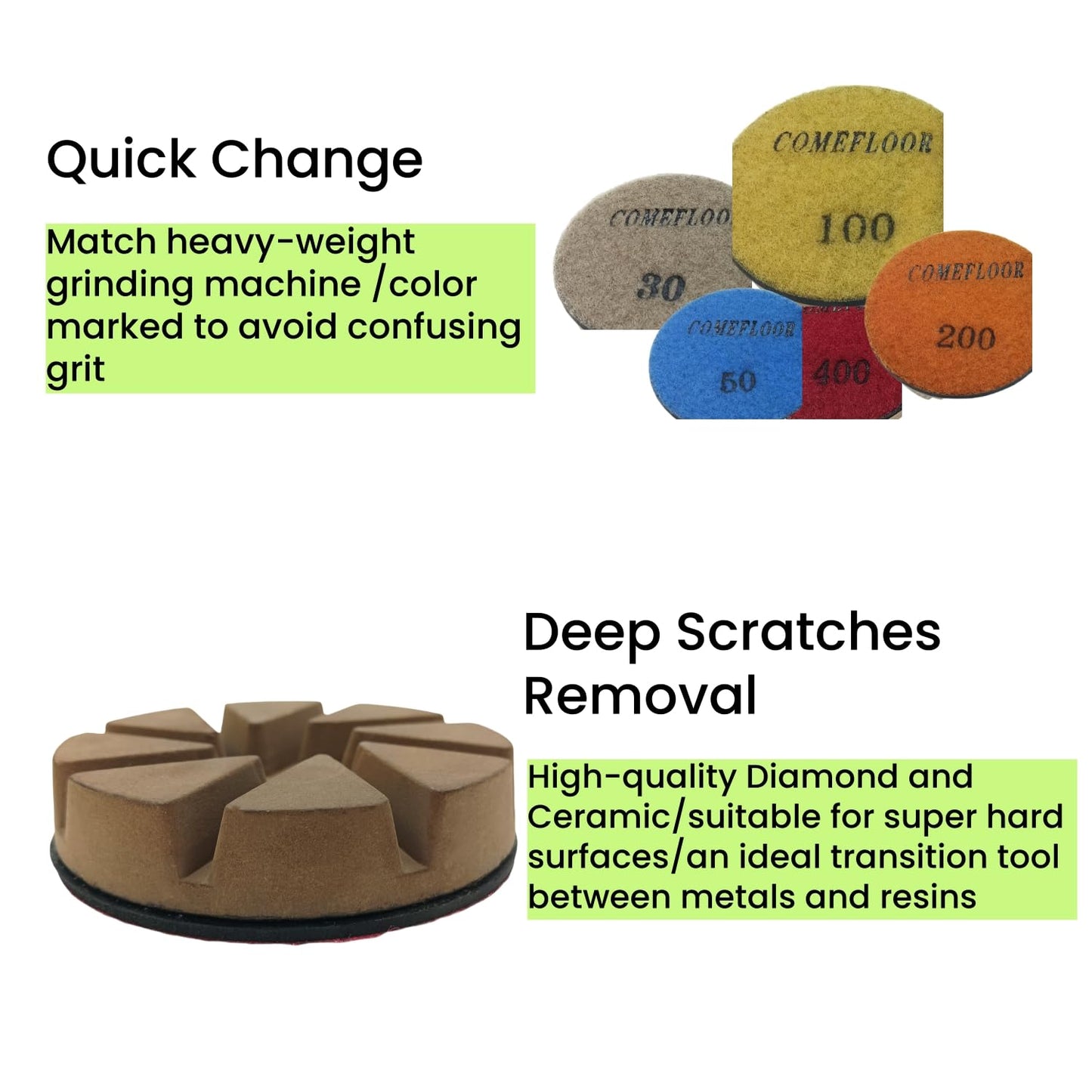 Hybrid Diamond Ceramic Polishing Pucks, Aggressive Concrete Terrazzo Floor Hook n Loop Grinding Pads, 3 Inch Long Using Life Transitional Discs,50# 9 PCS