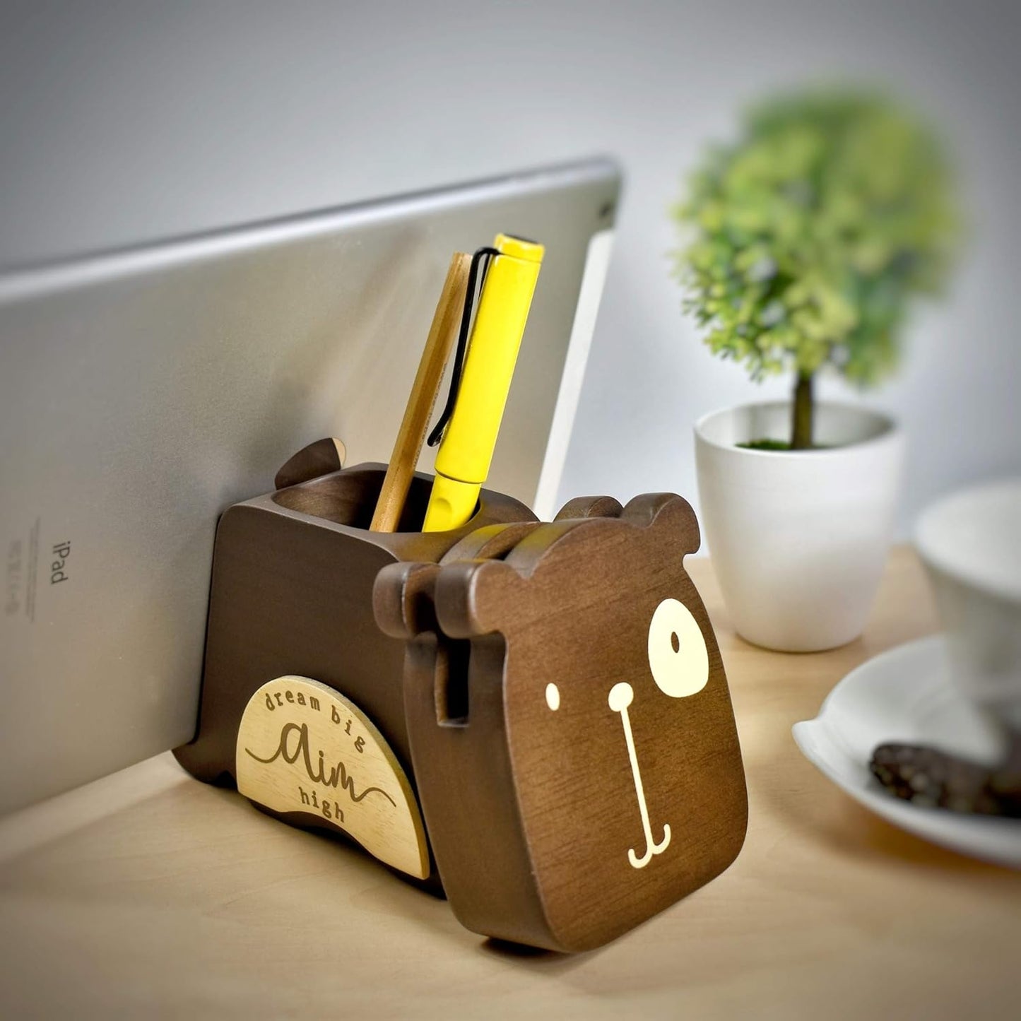 I'm Wood Multipurpose Eyeglass Phone Pen & Pencil Holder Stand Stationery Desk Organizer Accessories, For Home Office Desktop Decor Birthday Graduation Gifts “Dream Big Aim High” (Dog)
