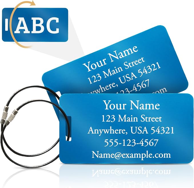 Two Custom Engraved Aluminum Luggage Tags by CoveEngraving