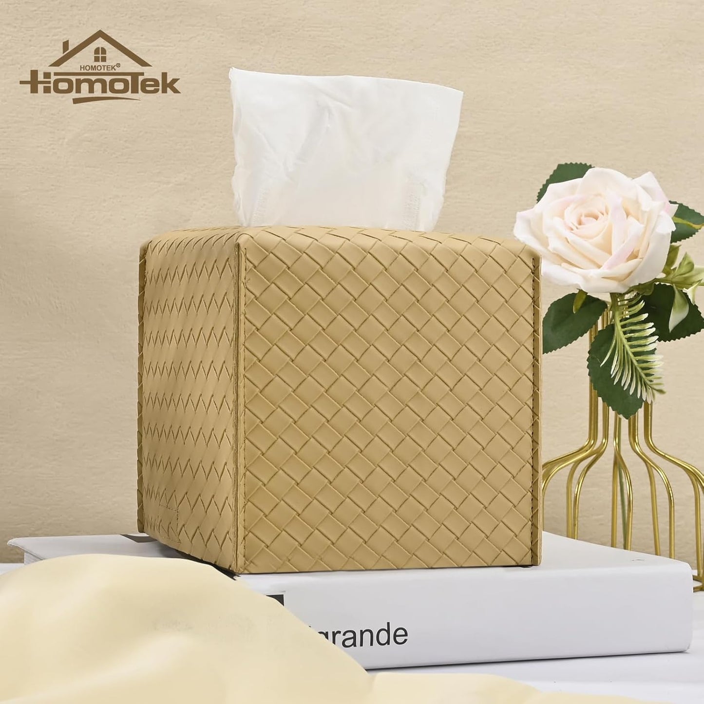 HOMOTEK 2 Pack Tissue Box Cover, Square PU Leather Tissue Holder, Decorative Facial Tissue Cube Paper Organizer Dispenser for Bathroom, Night Stands, Desk, Car 5X5X5'' - Woven Waffle,Camel