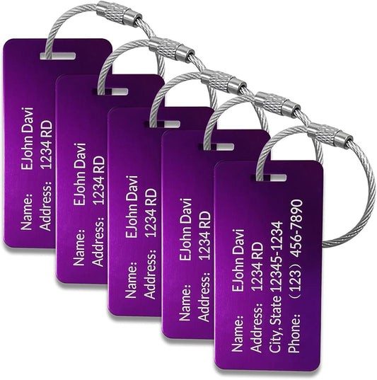 5 Pack Custom Engraved Luggage Tags, 3.8 x 2 inches Waterproof Personalized Luggage Tags, Aluminum Personalized Bag Tags for Suitcases/Backpack/Luggage Accessories [Purple]
