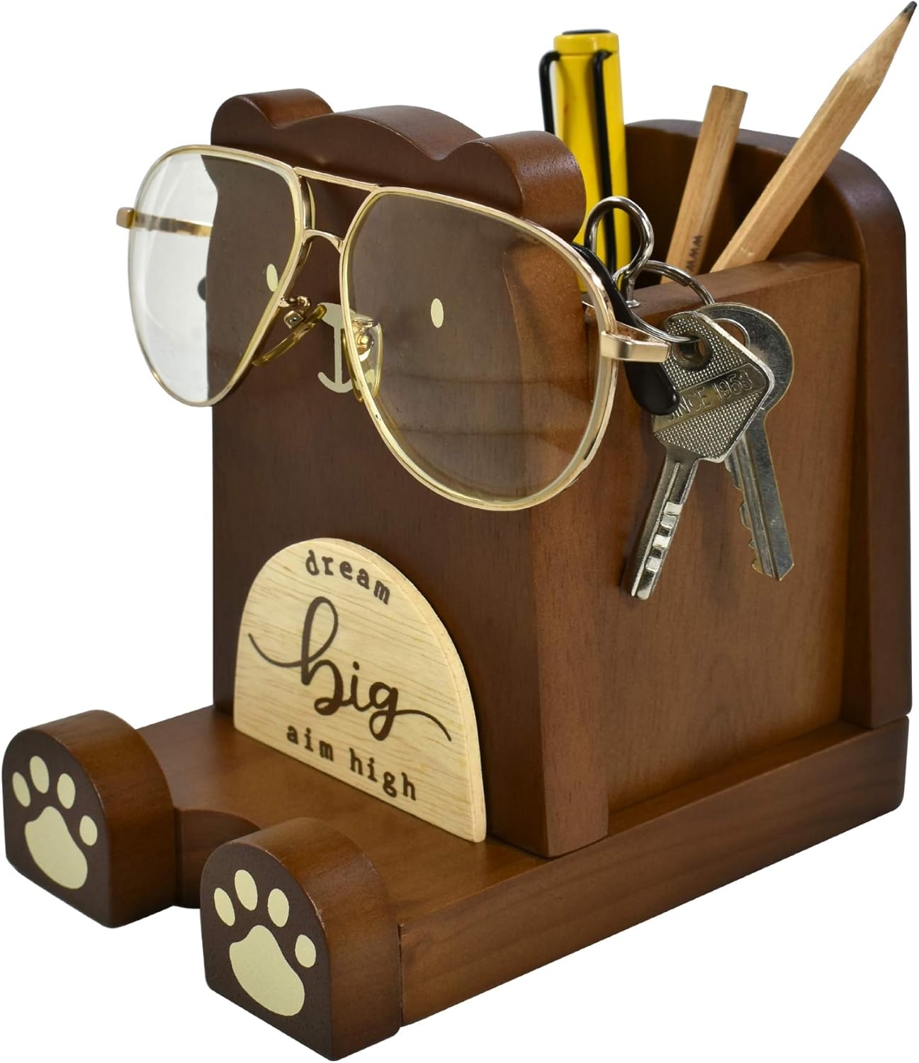 I'm Wood Multipurpose Eyeglass Phone Pen & Pencil Holder Stand Stationery Desk Box Organizer Accessories, Home Office Desktop Decor Birthday Graduation Gifts “Dream Big Aim High”(Bear)