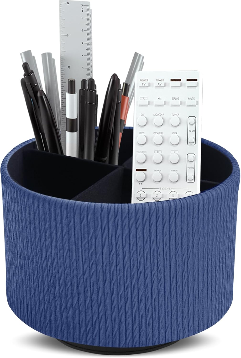 Hennaja Round Leather Art Supply Organizer,Remote Control Holder,360 Degree Spinning,Multi-Functional Pencil Holder,4 Compartments Desktop Stationary Organizer(1-Vertical Wood Blue)