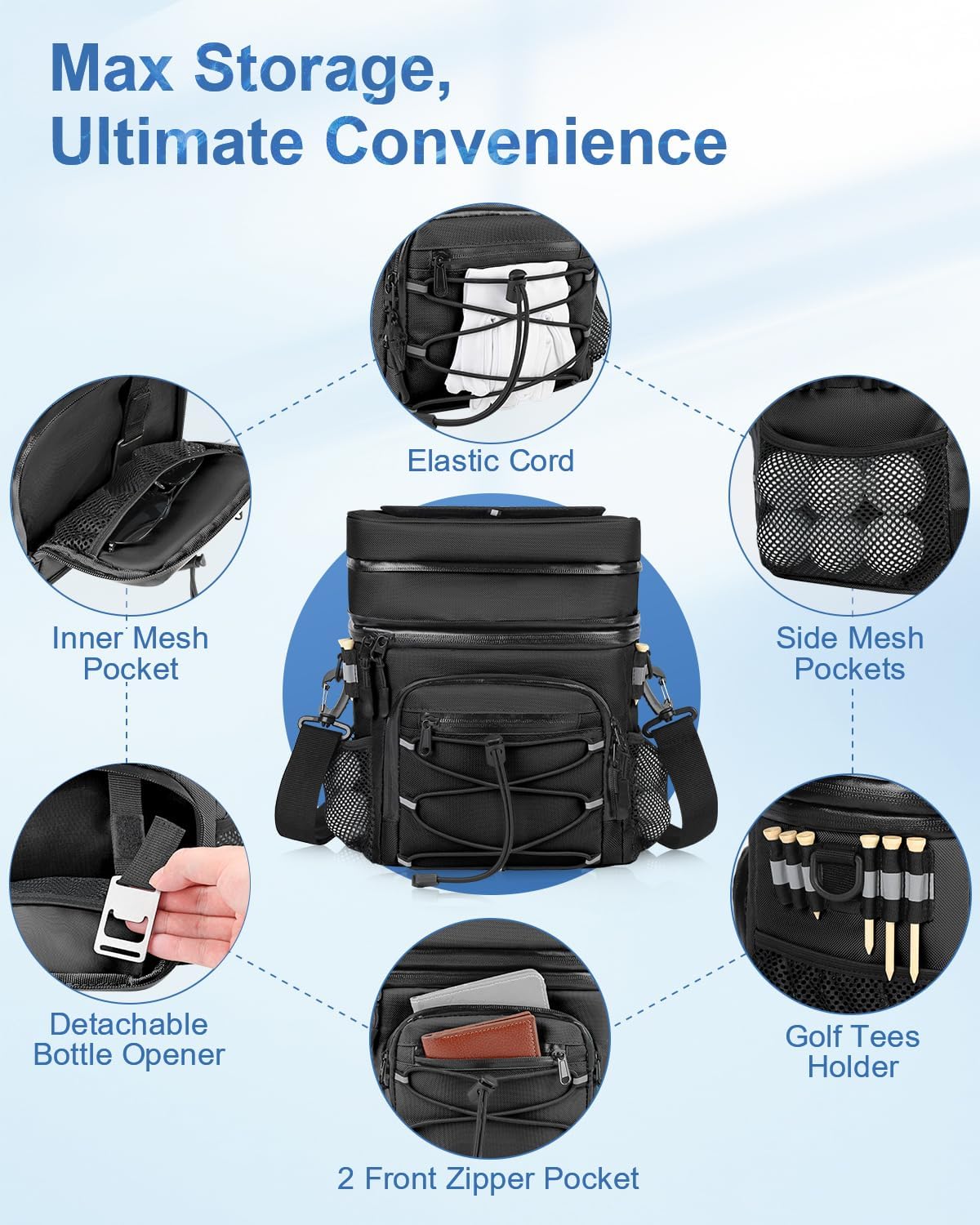 14-Can Golf Cart Expandable Cooler Bag, Soft Insulated Cooler Bag with Hook-and-Loop Lid & Golf Tees Holder for Camping & Outdoor Activities, Fits on Golf Cart Push Cart