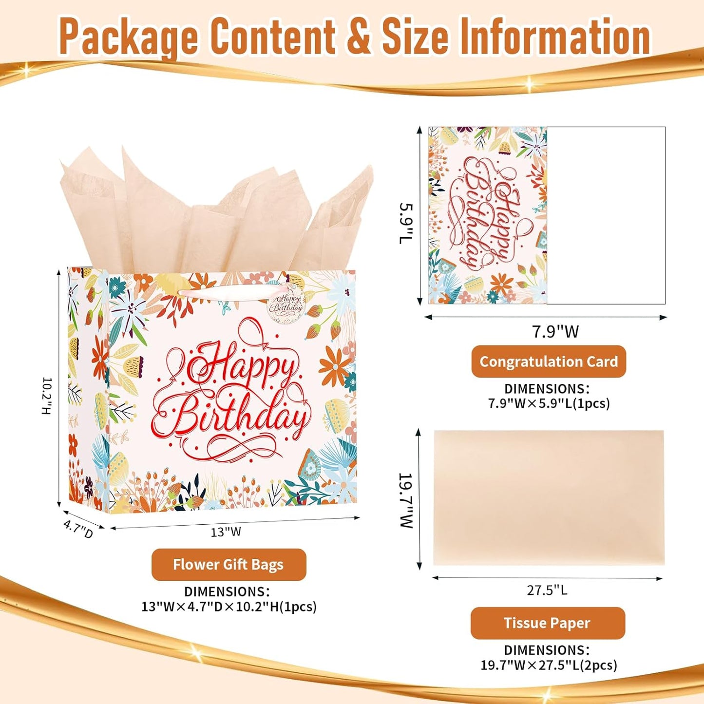 13" White Happy Birthday Gift Bag with Tissue Paper and Greeting Card for Patry, Happy Birthday Gift Bag for Women, Gift Bags Medium size(1 PCS Flower Gifts Bag)