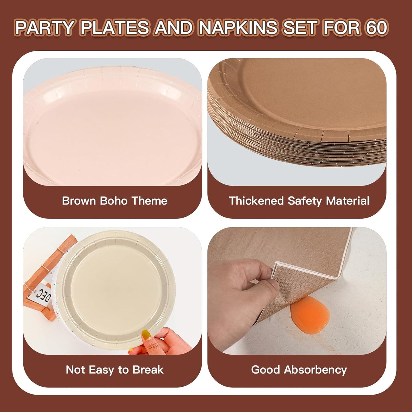 180Pcs Brown Paper Plates Party Supplies Boho Paper Plates and Napkins Serve 60 Disposable Tableware Set for Birthday Party Decorations Game Day Family School Holiday Sports Events