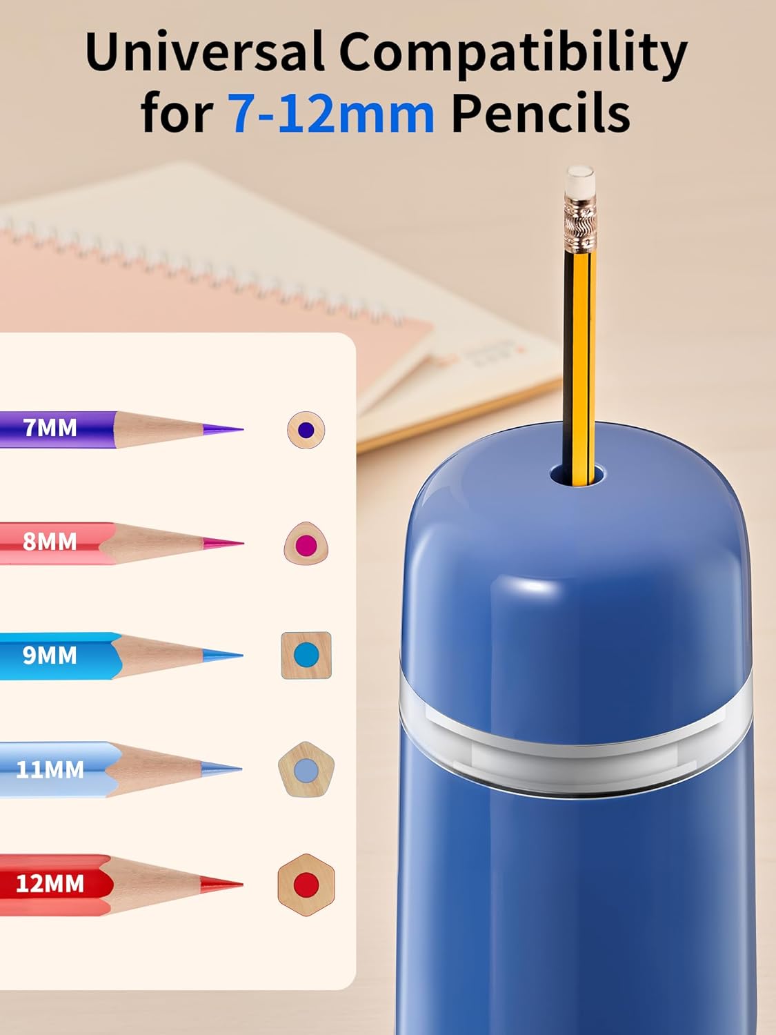 JARLINK Automatic Electric Pencil Sharpener - Hands-Free Operation, 3 Sharpness Modes, 3-Second Sharpening, Rechargeable & Portable for 7-12mm Pencils, Ideal for Classroom and Home Use (Blue)