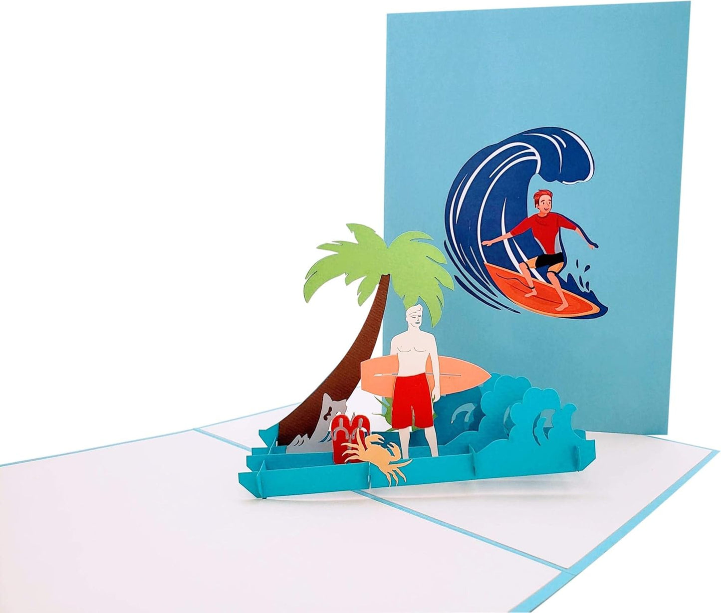 iGifts And Cards Blue Wave Surfer 3D Pop-Up Card – Ocean Escape, 5" x 7", Tropical Beach Theme, Unique Gift for Guy Surfers, Summer Vibes, Birthdays, Special Events, and Coastal Adventure Lovers