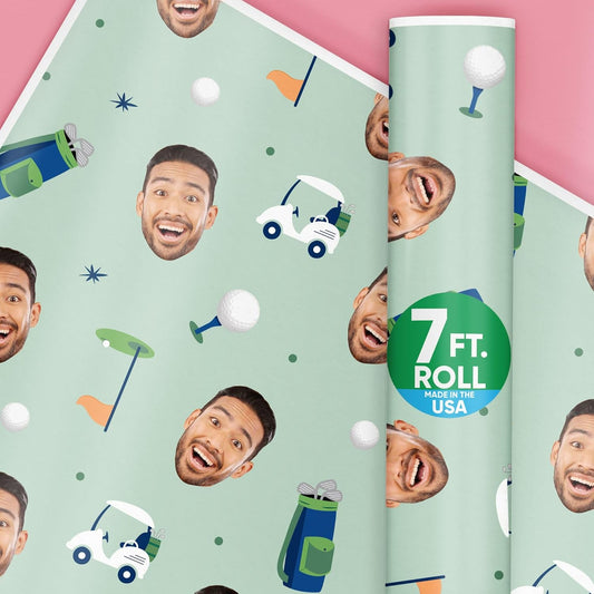 Big Dot of Happiness Custom Photo Golf Wrapping Paper Roll, Sports-Themed Retirement or Birthday Party Decor, Personalized Fun Face Golf Gift Wrap, 24 in x 7 feet, 2 Rolls