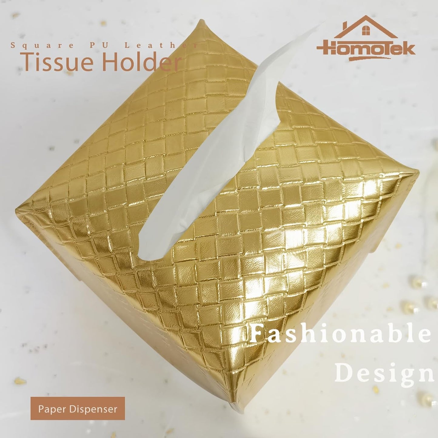HOMOTEK 2 Pack Tissue Box Cover, Square PU Leather Tissue Holder, Decorative Facial Tissue Cube Paper Organizer Dispenser for Bathroom, Night Stands, Desk, Car 5X5X5'' - Woven Waffle, Brass