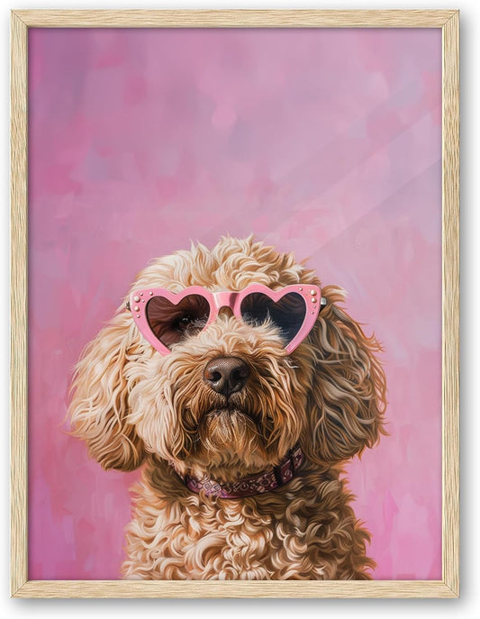 iHery Natural OAK Wood Pink Goldendoodle Dog Framed Wall Art, 12x16 in Funky Preppy Heart-Shaped Glasses Canvas Wall Art Decor For Bedroom, Cute Dog Prints Apartment Bathroom Living Room Set of 1