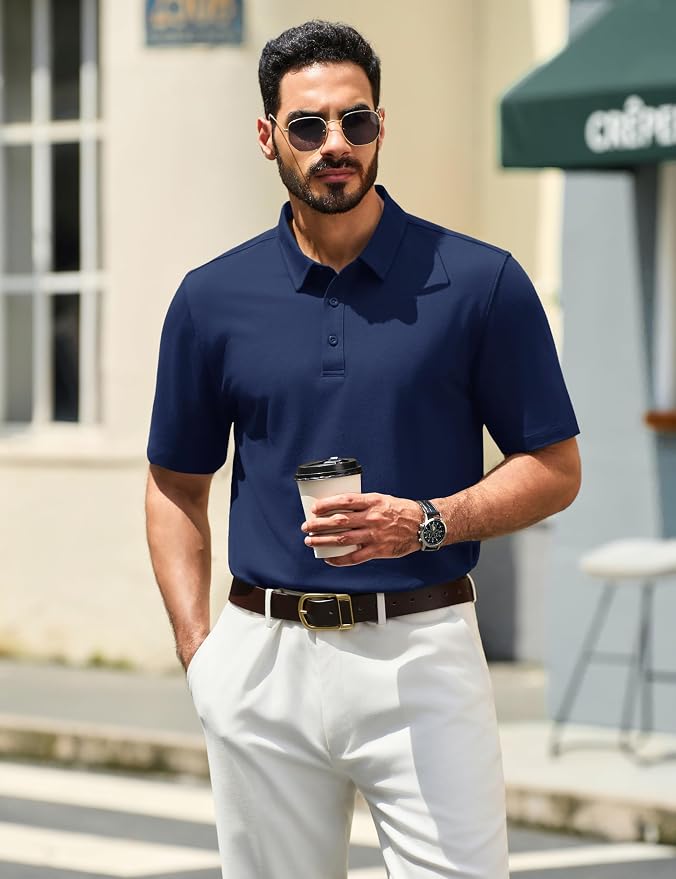 TACVASEN Mens Polo Shirts Short Sleeve Pique 3 Buttons Golf Polo Cooling - Image 2