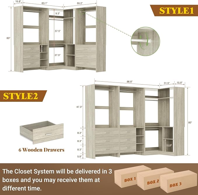 Aheaplus Closet System with 6 Drawers, 4 Hanging Rods & Corner Tower, Corner - Image 6