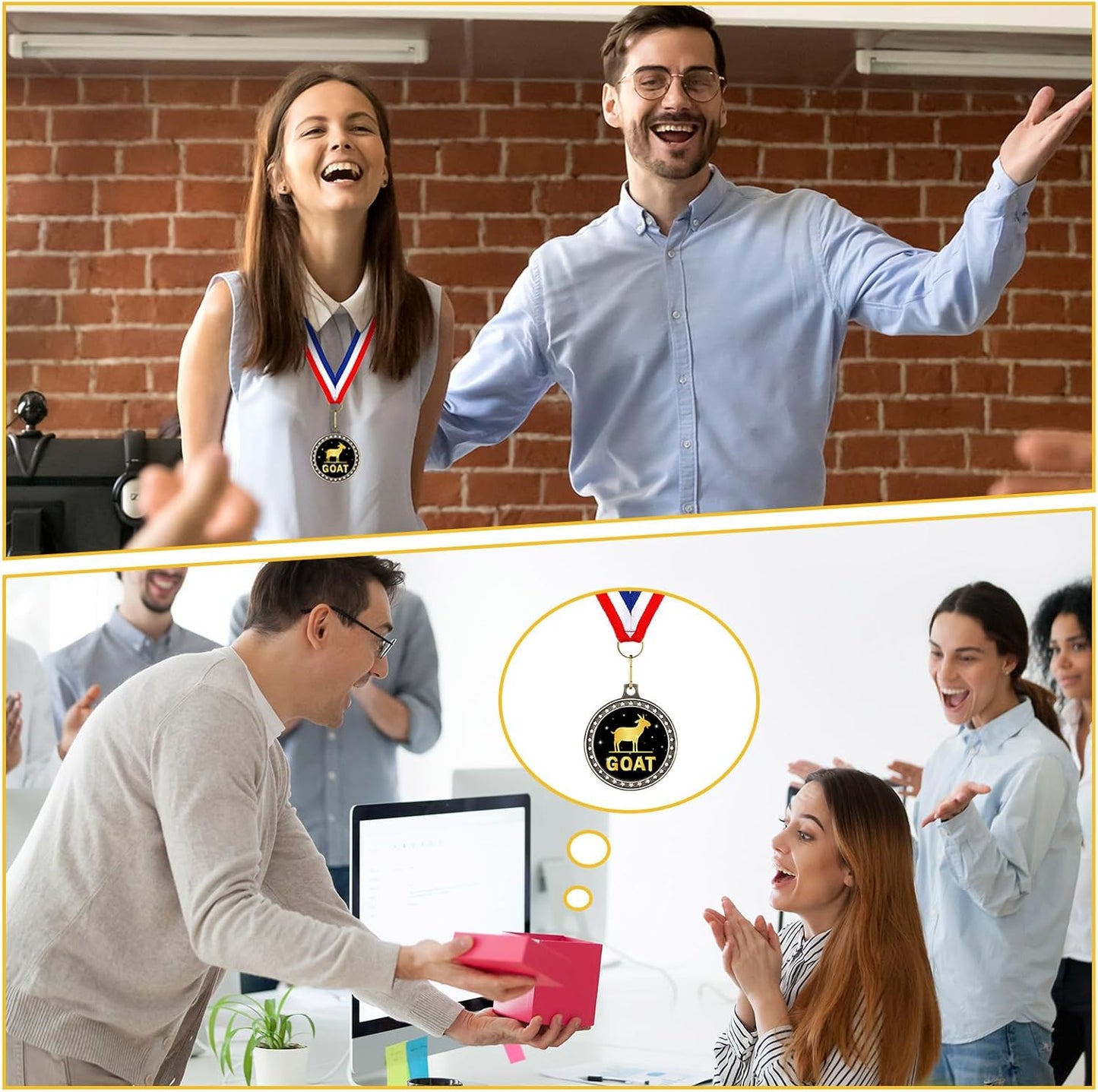 16 Pcs Goat Medal 2'' Greatest of All Time Champ Goat Trophy with Neck Ribbon Award Medals Pendant Funny Recognition Football MVP Necklace Fantasy Sports Award for Tournament League Champion