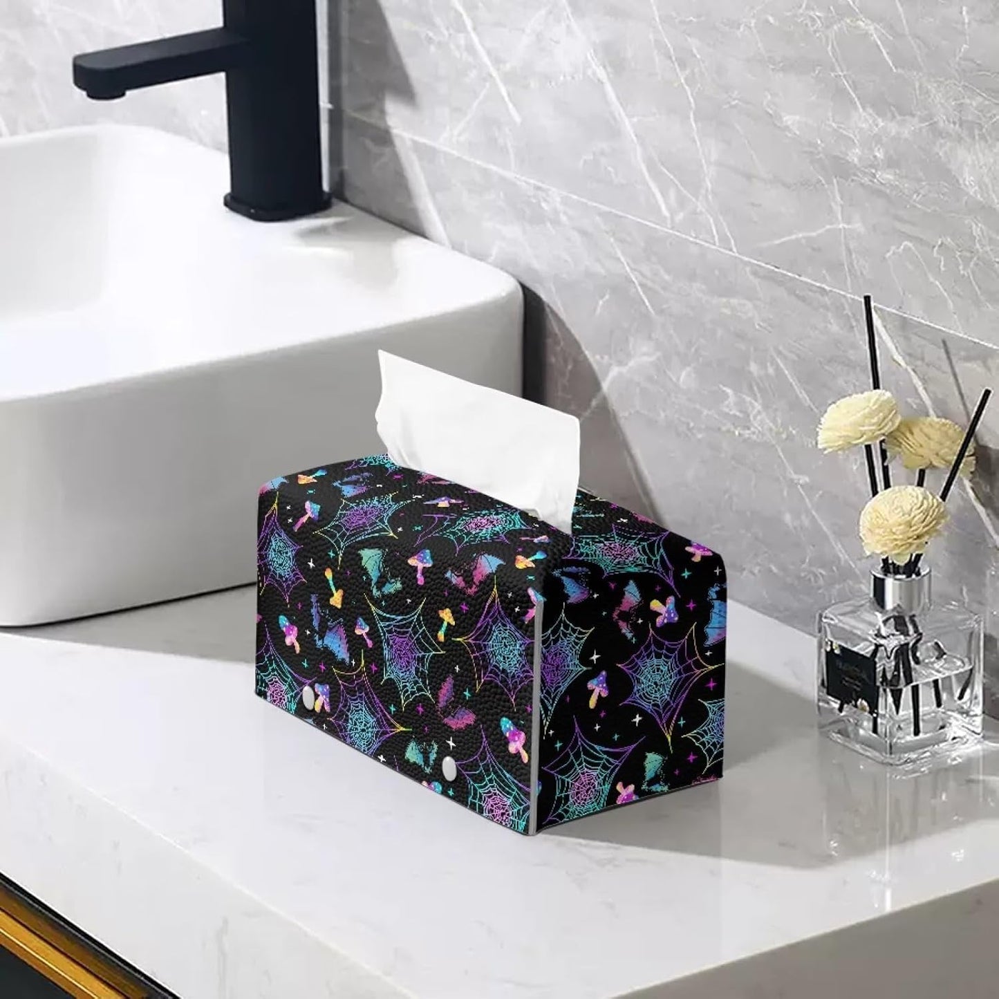 Halloween Bat Tissue Box Cover Rectangular Waterproof Tissue Box Case Organizer with Spider Web Print 9.7"x5.2"x5.12" PU Leather Napkin Dispenser Halloween Decor