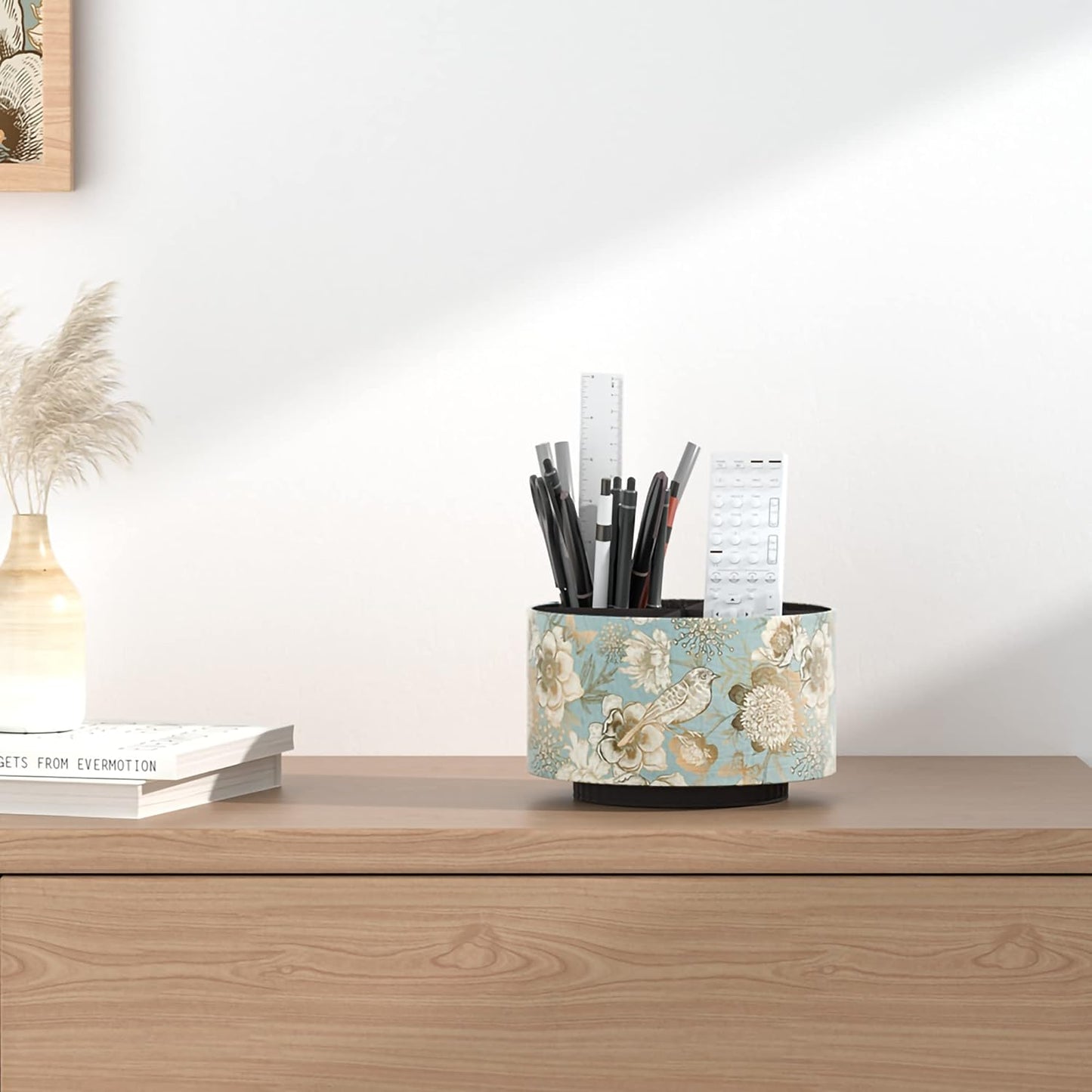 Hennaja Round Leather Art Supply Organizer,Remote Control Holder,360 Degree Rotating,Multi-Functional Pencil Holder,4 Compartments Desktop Stationary Organizer(1-Blue Bird)