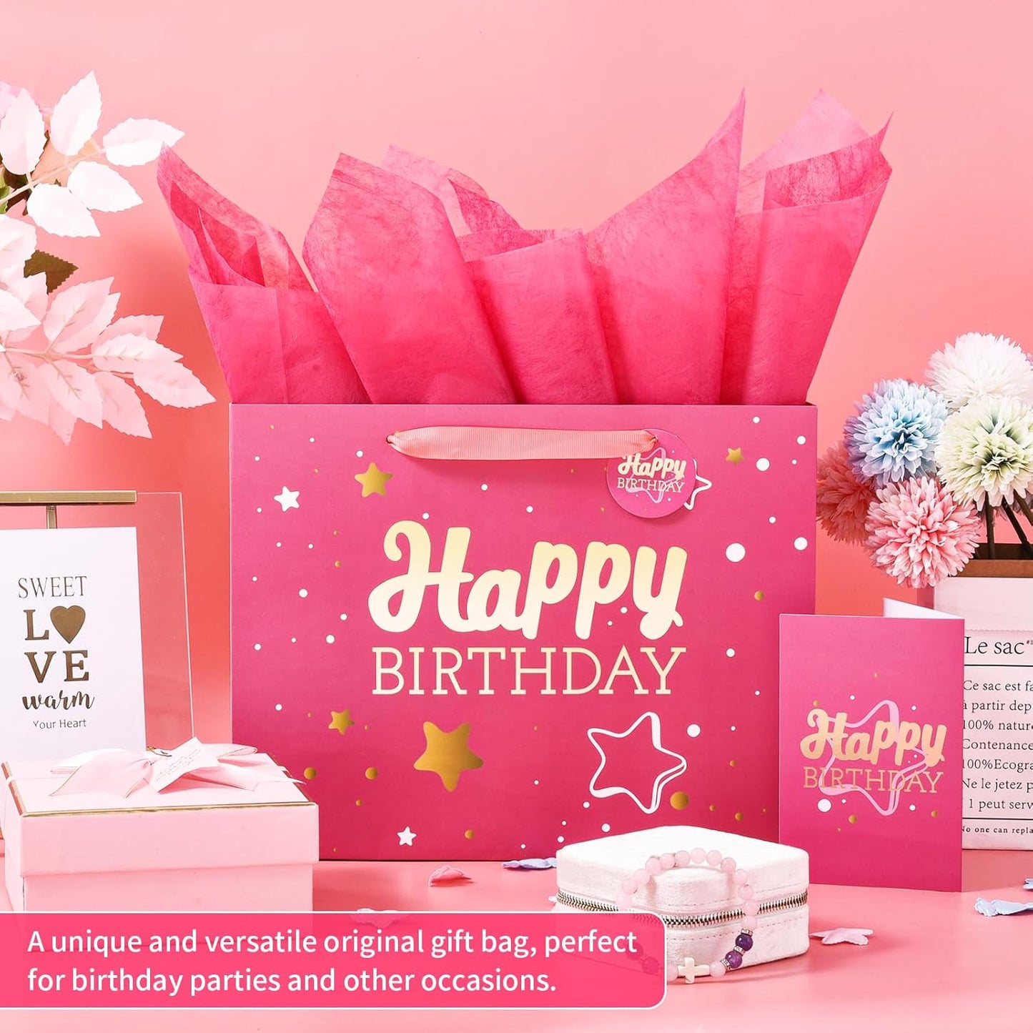 13" Pink Happy Birthday Gift Bag with Tissue Paper and Greeting Card for Party,Happy Birthday Gift Bag for Men Women,Gift Bags Medium size(2 PCS Pink Hot Stamping)