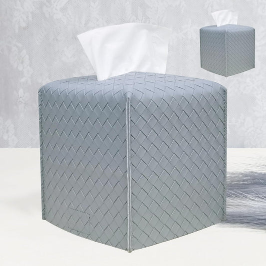 HOMOTEK 2 Pack Tissue Box Cover,PU Leather Tissue Holder,Square Decorative Facial Tissue Cube Paper Organizer Dispenser for Bathroom, Night Stands, Desk, Car 5X5X5'' - Woven Waffle,Light Gray