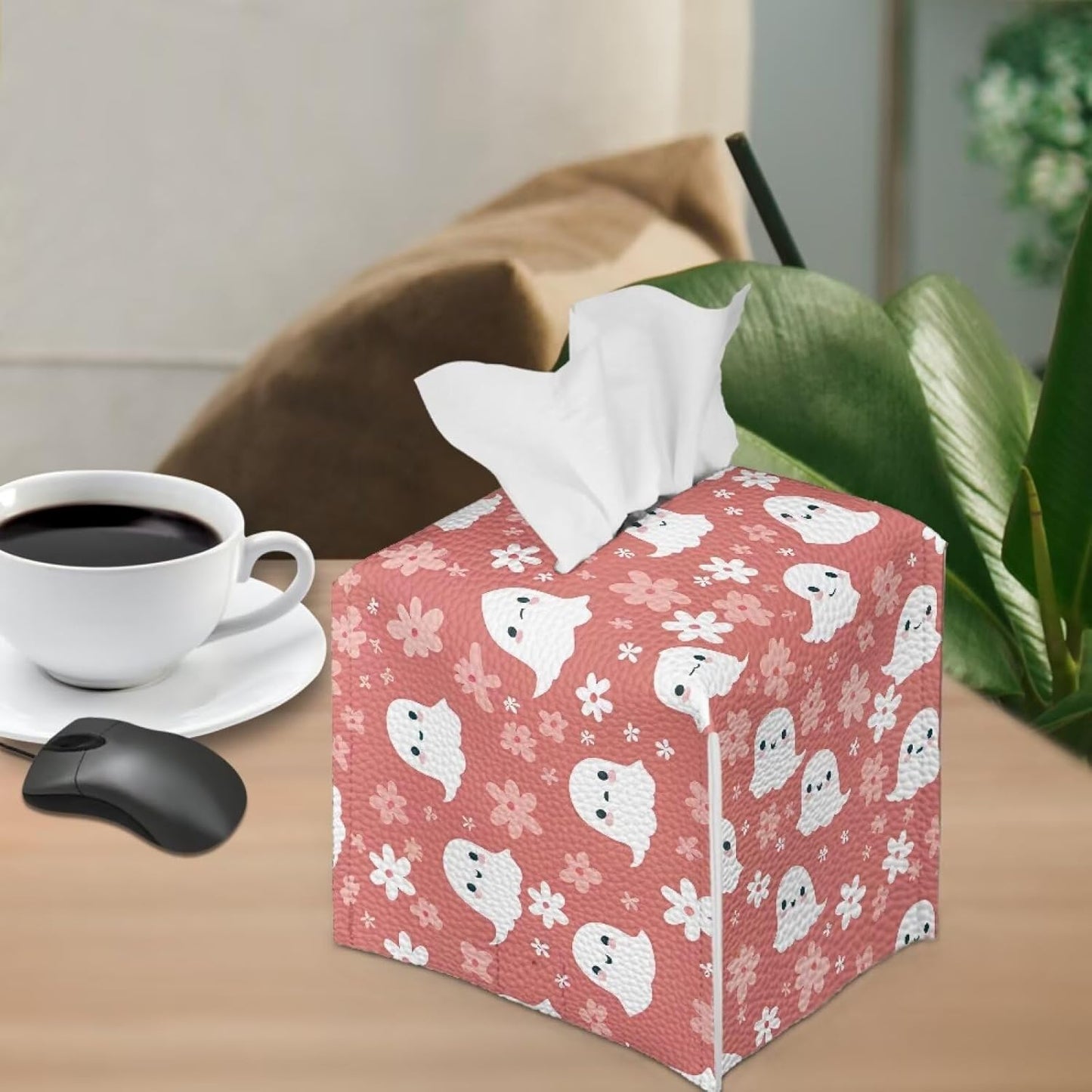 Halloween Cute Ghost Flowers Tissue Box Cover Square 5x5x5 with Bottom Belt Refillable Soft PU Leather Tissue Cover Decorative Organizer Indoor Decorations for Night Stands