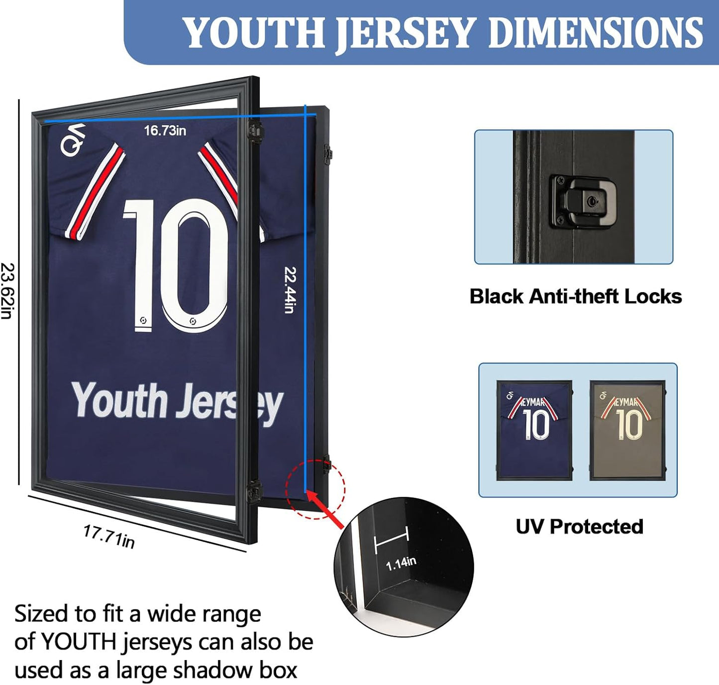 IHEIPYE Kids Jersey Frame Display Case Lockable, Sport Jersey Shadow Box with 98% UV Protection Acrylic and Hanger for Baseball Basketball Football Soccer and Uniform, Small-Black Locks