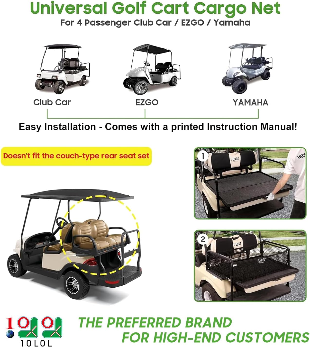 10L0L 4 Passenger Golf Cart Cargo Net for Yamaha,Club Car DS/Precedent, EZGO TXT/RXV, Adjustable Elastic Storage Net, Cargo Mesh Organizer Nets with Strong Buckle