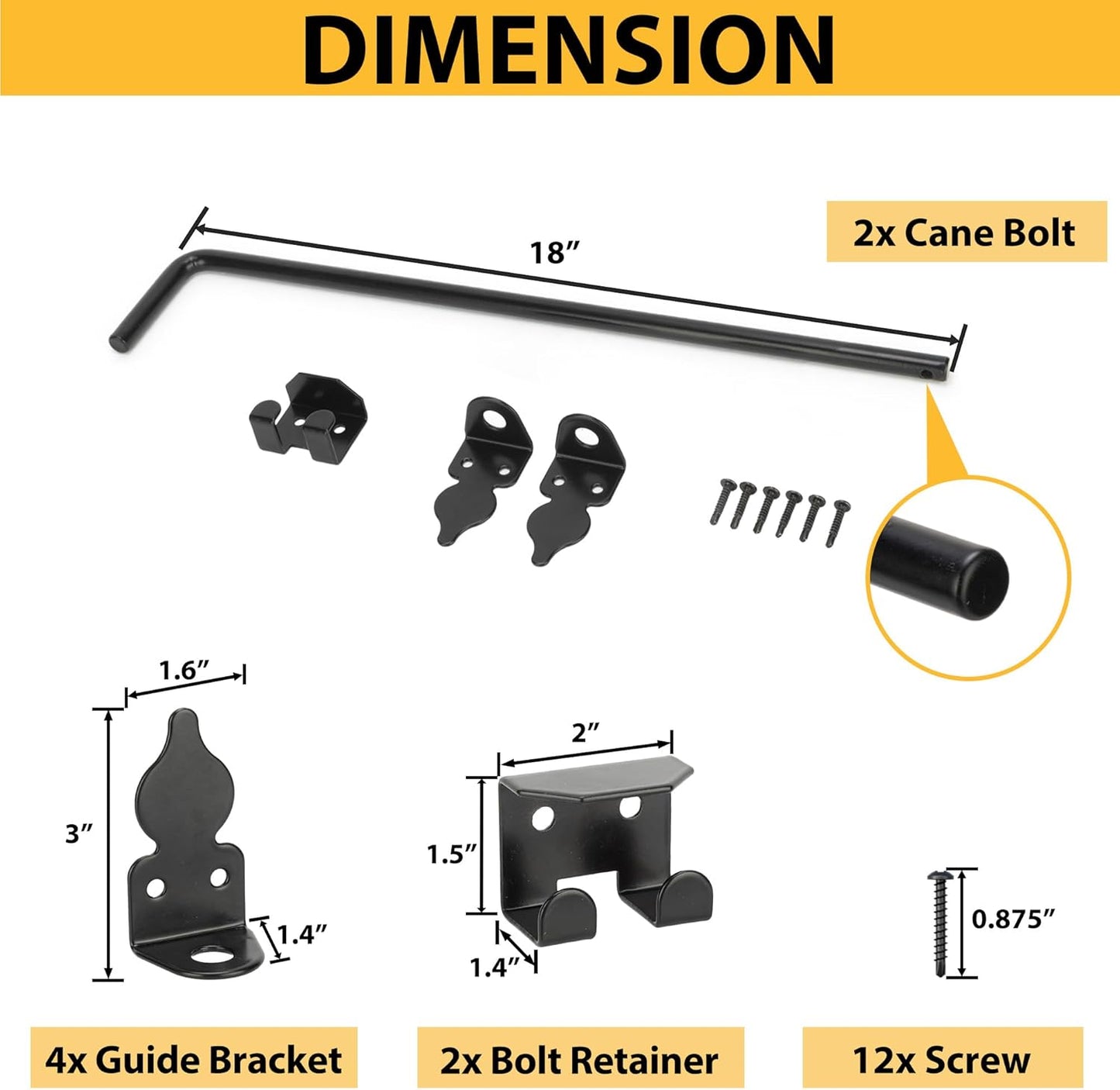 18" Heavy Duty Cane Bolts for Gates with Black Rustproof Powder Upgraded Hardware Gate Drop Rod for Wood PVC Vinyl Fences Gates, Double Doors-2 Pack